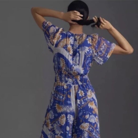 Anthropologie Somerset Jumpsuit Chiffon Edition Floral Blue Motif - LONG - Picture 3 of 5